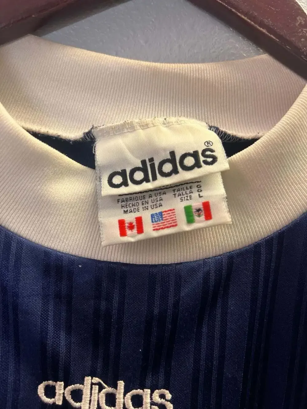 Vintage 90s Adidas Embroidered Logo Striped Jersey Shirt Size L Made in USA 0271